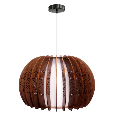 Lustre Pendente de Madeira Vazado Aletado Bari G Dessin 46x30cm Soq E27 Cor: Café