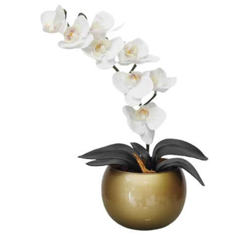 Arranjo de Mesa Vaso Dourado Orquídeas Brancas Artificiais
