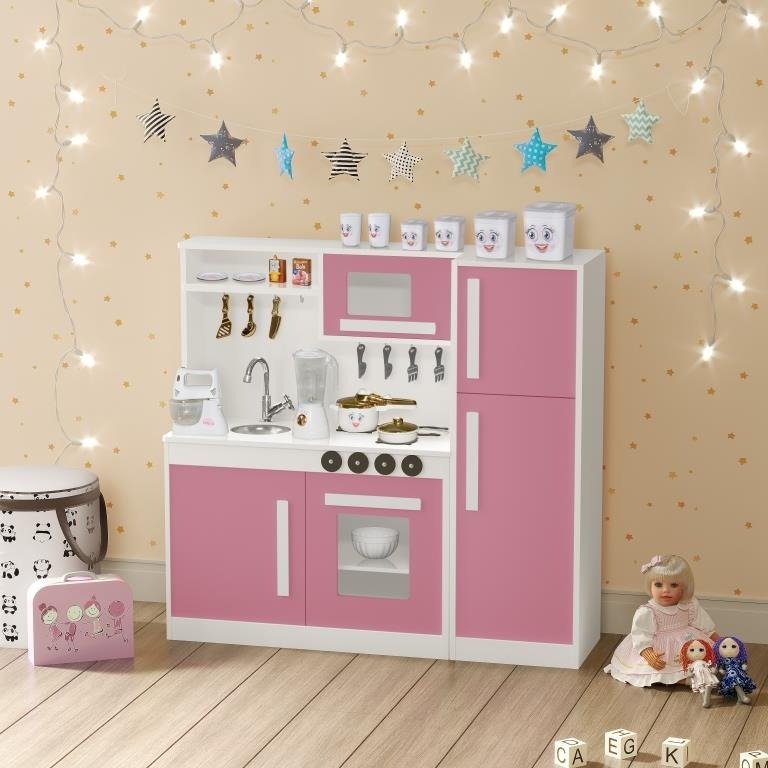 Mini Cozinha Infantil de Madeira Grande Completa:rosa - 1