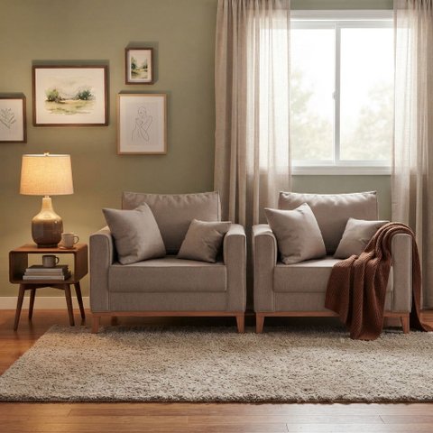 Kit 2 Poltronas Beny para Recepção com 2 Almofadas Linho Bege Base em Madeira Maciça