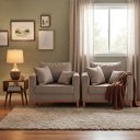 Ver imagem 1 de Kit 2 Poltronas Beny para Recepção com 2 Almofadas Linho Bege Base em Madeira Maciça