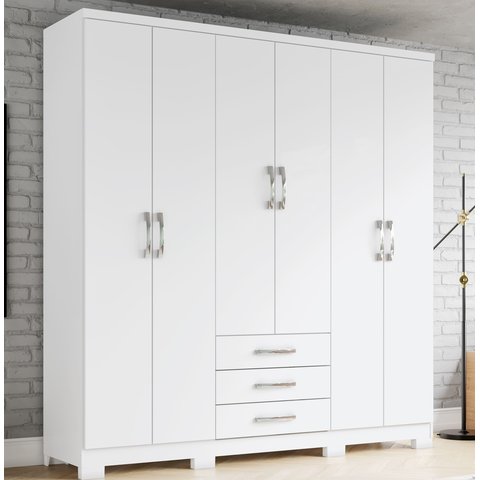 Guarda Roupa Solteiro 6 Portas 3 Gavetas Caju Branco