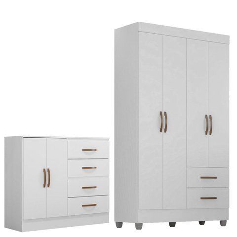Kit Guarda-roupa Solteiro 4 Portas e Cômoda Sapateira 2 Portas Lisa Branco