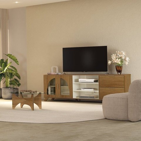 Conjunto Sala Estar Mesa de Centro Levitá e Rack Murano Marrom Cinamomo/Off White