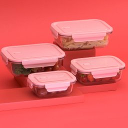 Kit 4 Potes de Vidro com Tampa Rosa Hermética Retangular Uz Marmitas Frutas Alimentos - 5