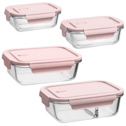 Kit 4 Potes de Vidro com Tampa Rosa Hermética Retangular Uz Marmitas Frutas Alimentos - 1