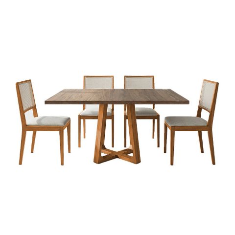 Conjunto Mesa Isabela 1,2m Freijó Pés Cerejeira 4 Cadeiras Suellen Design Premium Sala - Bege Linho