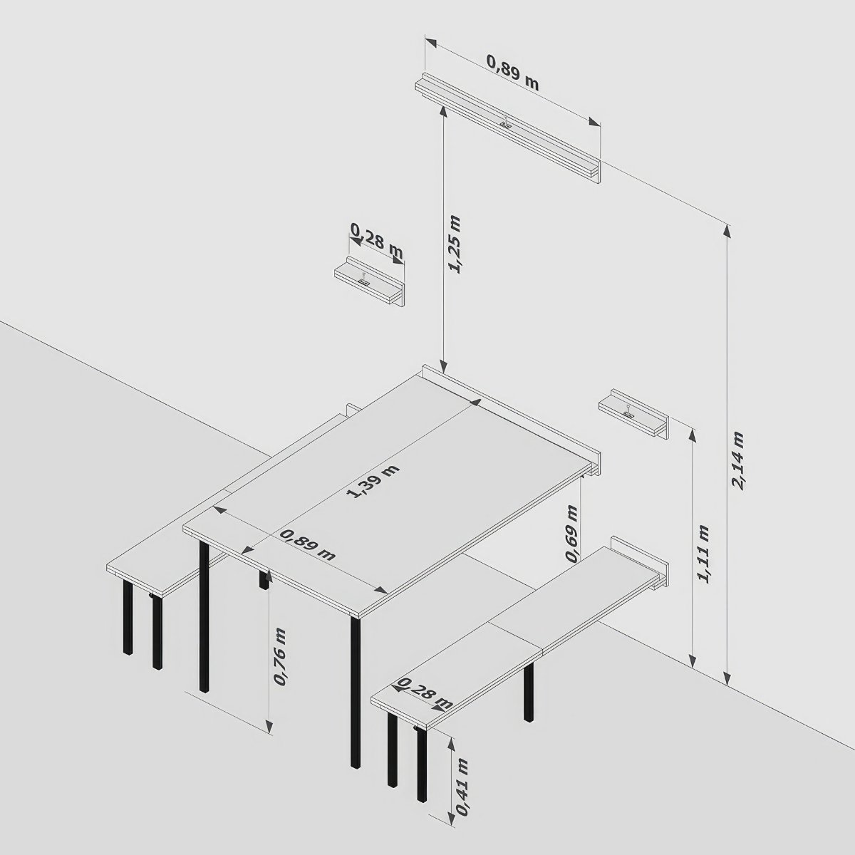 Kit Mesa Dobrável Retrátil de Parede 140cm com Bancos - Branco/noronha - 4