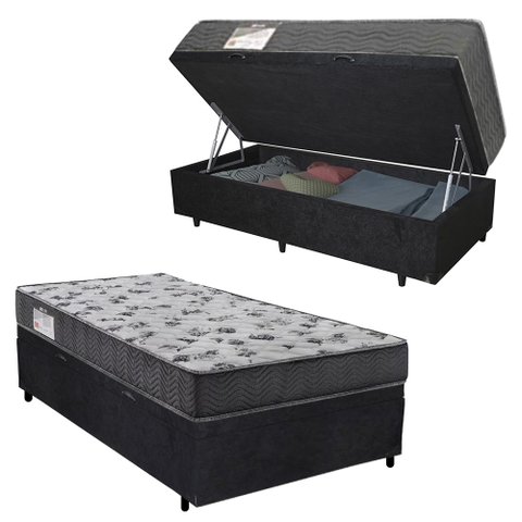 Cama Box Baú Solteiro Suede + Colchão de Espuma D33 - Sereneprime - 88cm Preto