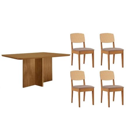 Conjunto: Mesa Sala Jantar Berlim Curvo 120cm + 4 Cadeiras Havana Naturale - Linho Capuccino -