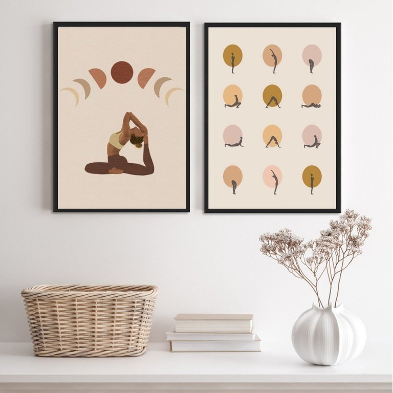Kit 2 Quadros Decorativos Yoga- Posições 24x18cm:madeira Preta