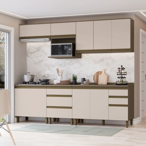 Cozinha Modulada Compacta 260cm para Apê 10 Portas 5 Gavetas com Tampo Connect Henn