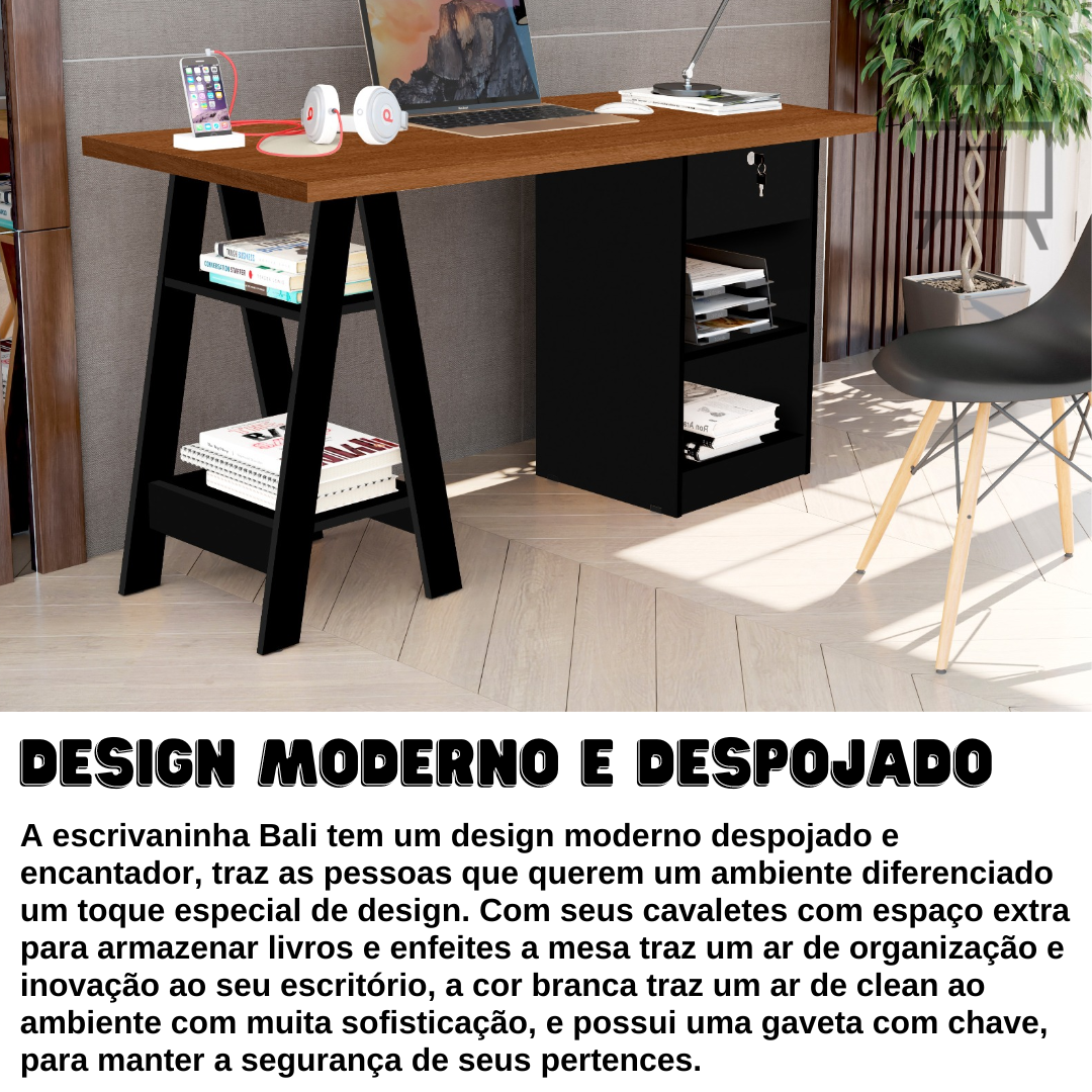 Mesa de Estudo Escrivaninha Cavalete com Gaveta Bali:preto/ Canela - 4