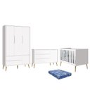 Ver imagem 1 de Dormitório Infantil Theo Retrô 3 Portas, Cômoda 1 Porta, Berço Branco Fosco com Pés Madeira Natural