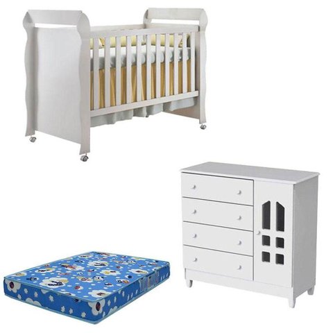 Berço Americano Mirelle e Cômoda Infantil Selena Branco Brilho com Colchão - Carolina