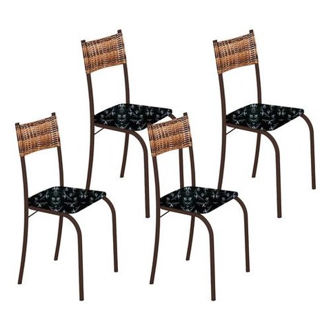 Kit 4 Cadeiras Atlanta Corino Preto Lirio e Rattan Carvalho Tubo Marrom Cafe