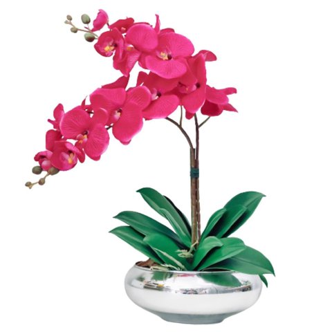 Arranjo E Vaso Espelhado Prata 2 Flores de Orquídeas Pink