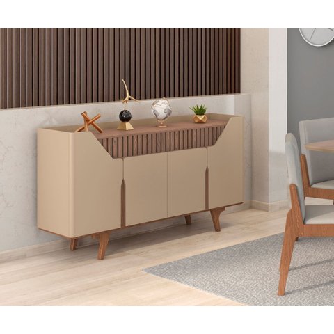 Aparador Buffet 4 Portas MDF Ripado Real Pés de Madeira Maciça Tâmisa Branco/Off-White/Marromle