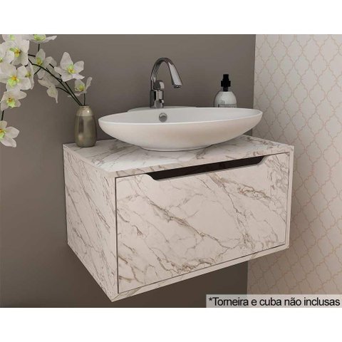 Balcão P/ Banheiro Suspenso Bn3646 S/ Cuba C/ 1 Porta 60cm Mármore Branco - Tecno Mobili