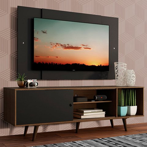 Rack Madesa Dubai com Pés e Painel para TV até 58 Polegadas Rustic/Preto 7KD8 Cor:Rustic/Preto/Preto