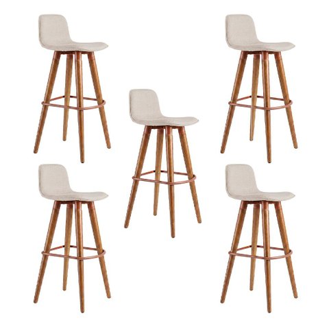Kit 5 Banquetas Linea Alta Luxo Aço Cobre Assento Linho Cozinha Americana Moderna - Cobre/Palha