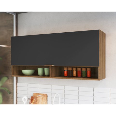 Armário Aéreo 1 Porta Basculante 2 Nichos 120cm Veneza Modulada Cinza/Mel/Grafite