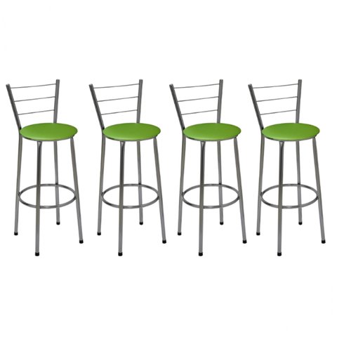 Kit 4 Banquetas Média Cromada Com Encosto Assento Verde