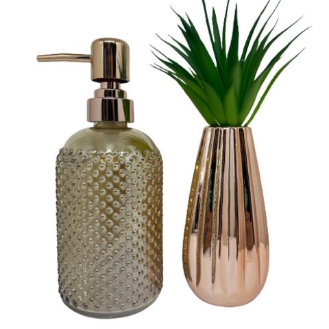 Conjunto decoração porta sabonete líquido + vaso rose gold
