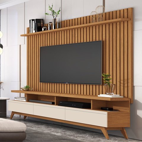 Rack com Painel Ripado para TV até 72 Polegadas MDF 185,5cmx197cm Pés em Madeira Maciça Classic