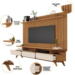 Rack com Painel para TV até 72 Polegadas Ripado Pés Madeira Maciça Classic - 7