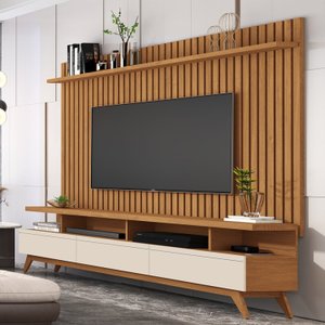 Rack com Painel para TV até 72 Polegadas Ripado Pés Madeira Maciça Classic