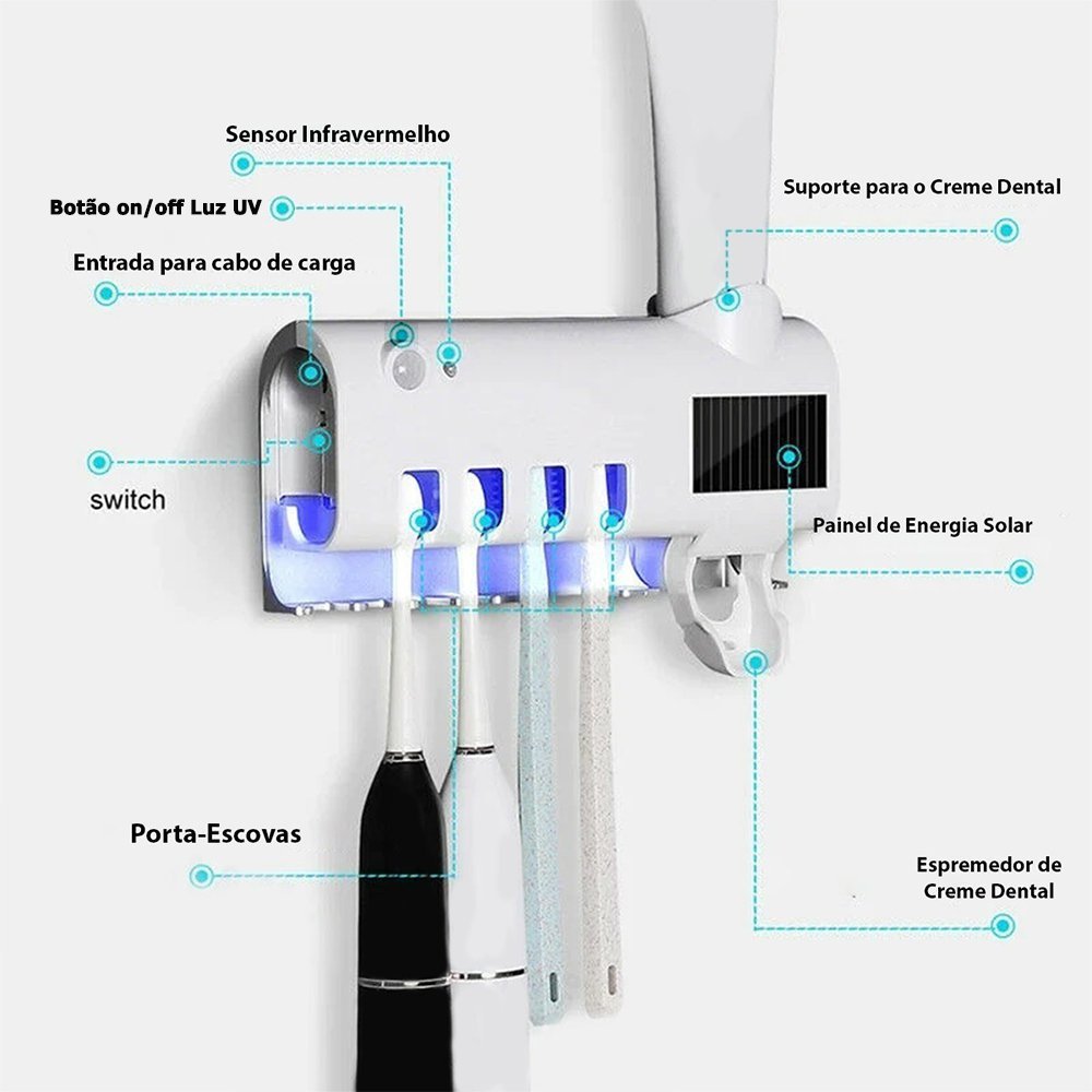 Dispenser Pasta de Dentes Automatico Luz Ultravioleta Suporte Escova de Dentes Elimina Bacterias Ute - 5