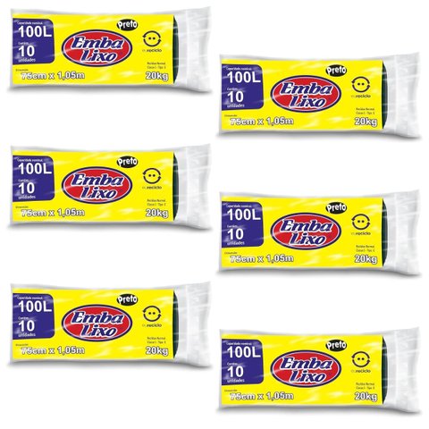 Kit 6 Pacotes Sacos de Lixo Preto Reciclado Resistente Reforçado 100 Litros 75cm x 105cm Pacote com 