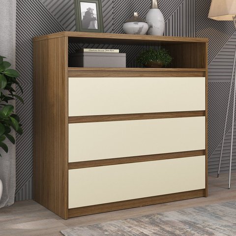 Cômoda 3 Gavetas 1 Nicho 100% MDF Gales Marrom/Nogueira/Areia