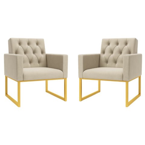 Kit 2 Poltronas para Recepção Thais com Base de Ferro Dourado Resistente Bege