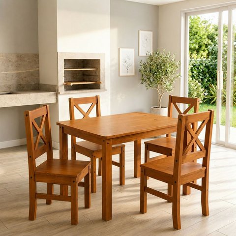Conjunto Mesa 110cm Retangular e 4 Cadeiras de Madeira Maciça para Área Gourmet Valenza Yescasa