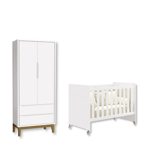 Quarto de Bebê Berço Evolution + Guarda Roupa 2 Portas Classic Branco Madeira