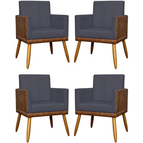 Kit 4 Poltronas Decorativas Lis Corino e Linho Cores Pé Palito 30 Cm Castanho