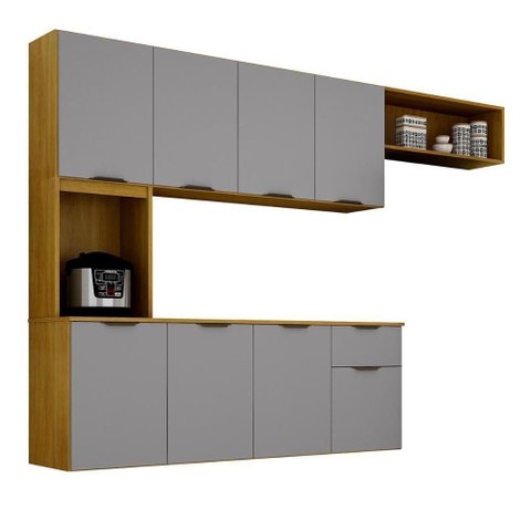 Armario de Cozinha Nara Compacta 8 Portas com 1 Gaveta 193cm Cinamomo/cinza