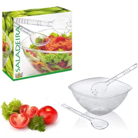 Saladeira Grande 4,5 L + Colher + Garfo de Salada Acrílico Conjunto para Salada Kit 3 Peças Top Cozi