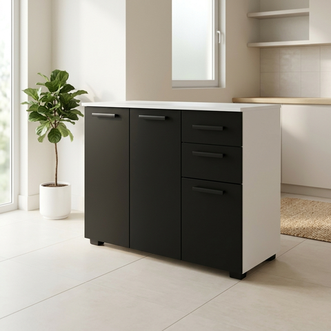 Balcão de Cozinha Keila 3 Portas 2 Gavetas Branco Preto Formimóveis