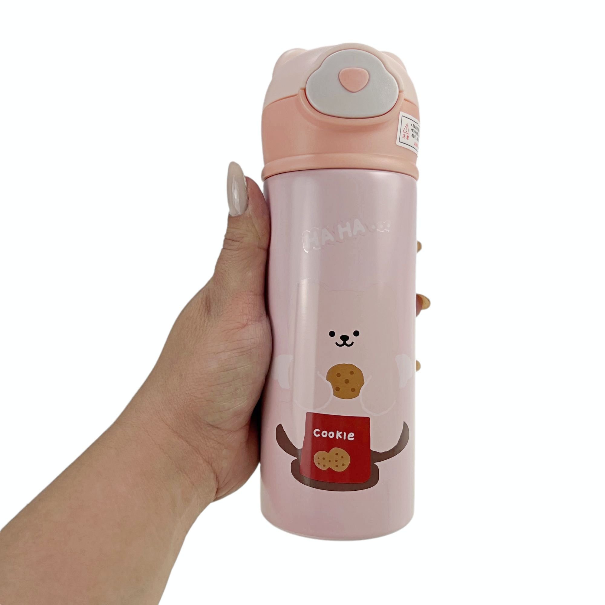 Garrafa Térmica Infantil Com Canudo 420mls Aço Inox Squeeze Escolar Tampa Ursinho Água Suco Rosa - 5