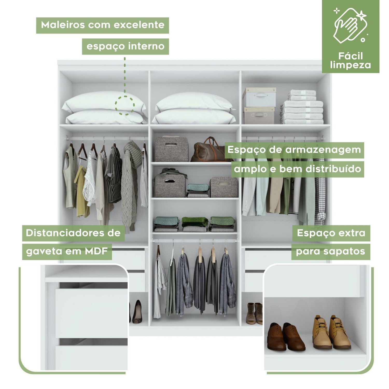 Guarda Roupas 6 Portas 4 Gavetas 100% MDF com Espelho Like Yescasa - 5