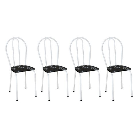 Kit 4 Cadeiras de Cozinha Texas Estampado Preto Florido Pés de Ferro Branco - Pallazio