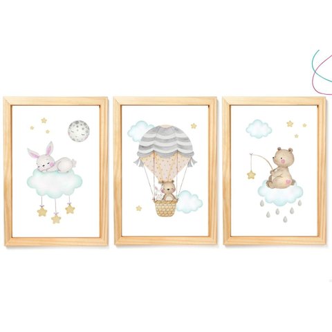 3 Quadros Decorativos Infantil Ursinho Coelhinho Balão Nuvem:pinus