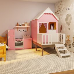Casinha de Brinquedo Artesanal Rosa com Cercado e Escada Telhado Branco L12 - Gran Belo Casinha Infa - 1