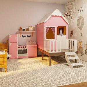 Casinha de Brinquedo Artesanal Rosa com Cercado e Escada Telhado Branco L12 - Gran Belo Casinha Infa