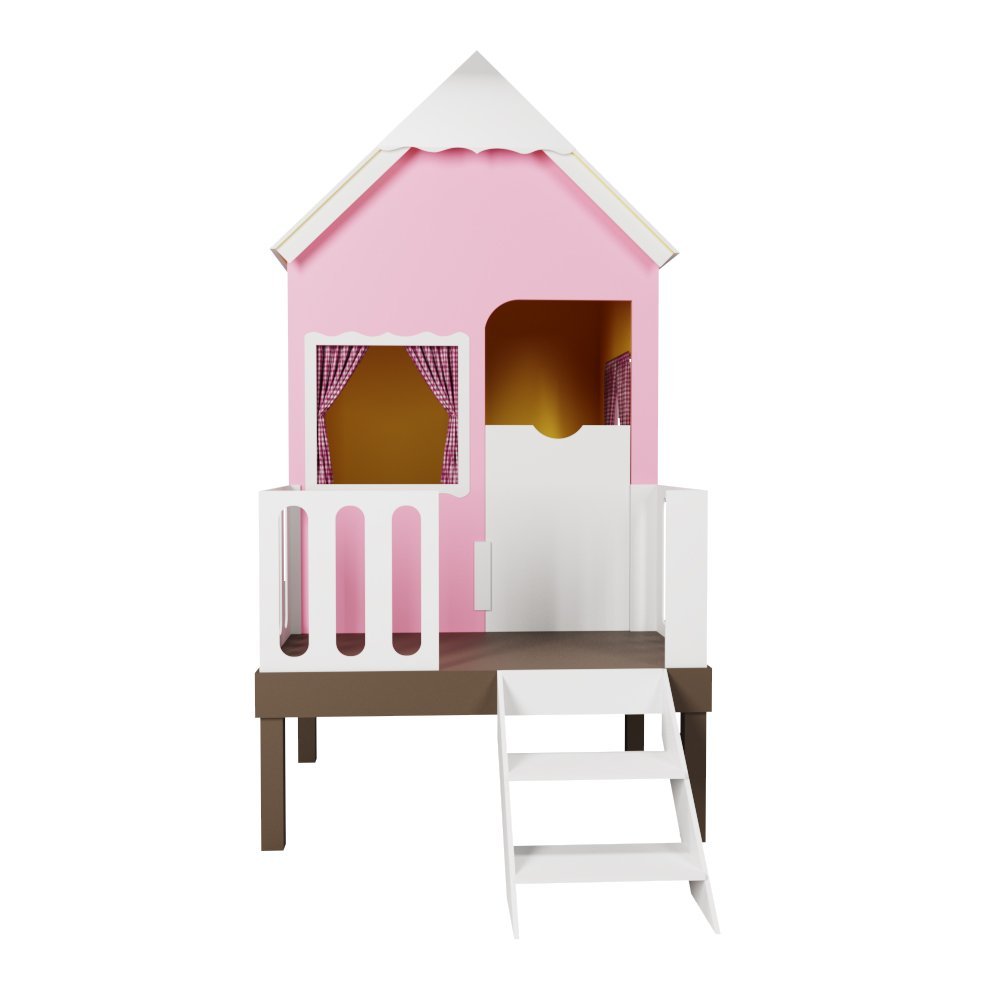 Casinha de Brinquedo Artesanal Rosa com Cercado e Escada Telhado Branco L12 - Gran Belo Casinha Infa - 6