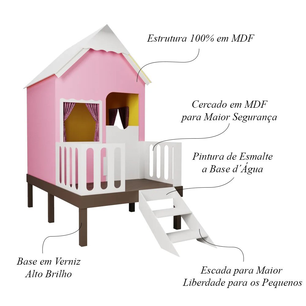 Casinha de Brinquedo Artesanal Rosa com Cercado e Escada Telhado Branco L12 - Gran Belo Casinha Infa - 3