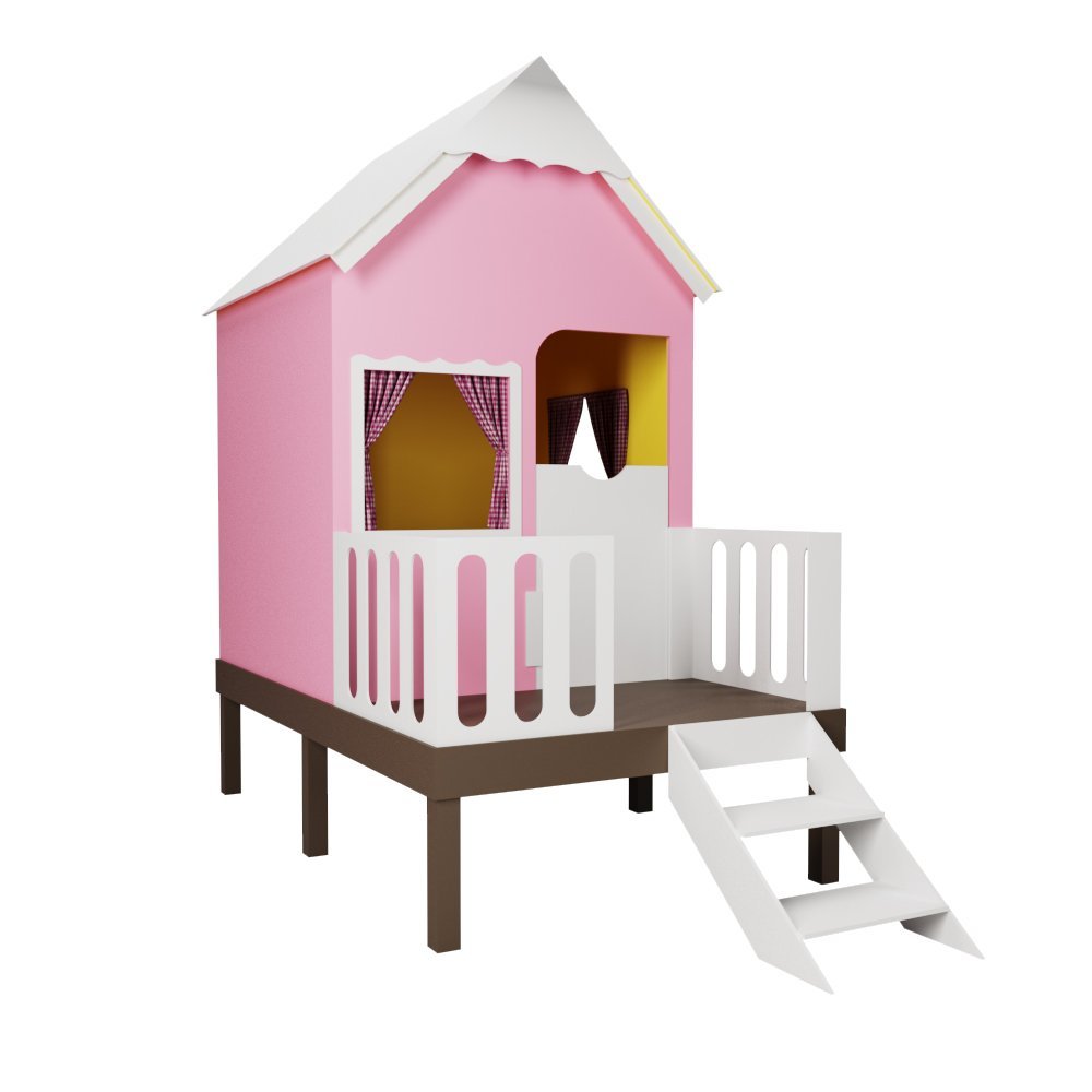 Casinha de Brinquedo Artesanal Rosa com Cercado e Escada Telhado Branco L12 - Gran Belo Casinha Infa - 2